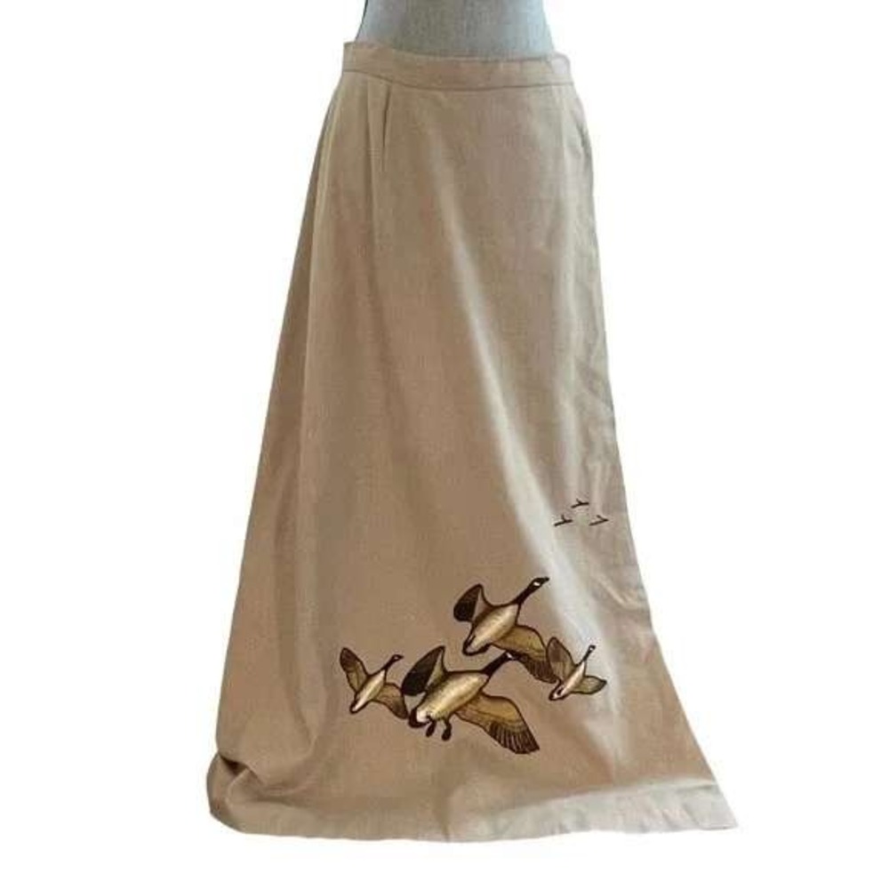 Vintage Bettmaar Artwear Maxi Skirt Embroidered Geese Tan Linen Blend Sz 14 Boho